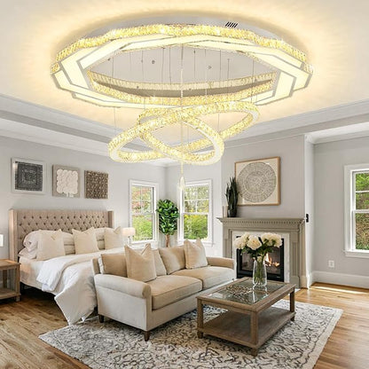 Flashing God Extra Large Chandelier Dia 55" Chrome Chandeliers Flush Mount Chandelier for Living Room Bedroom Dining Room Hallway Dimmable 3 Rings Chandeliers