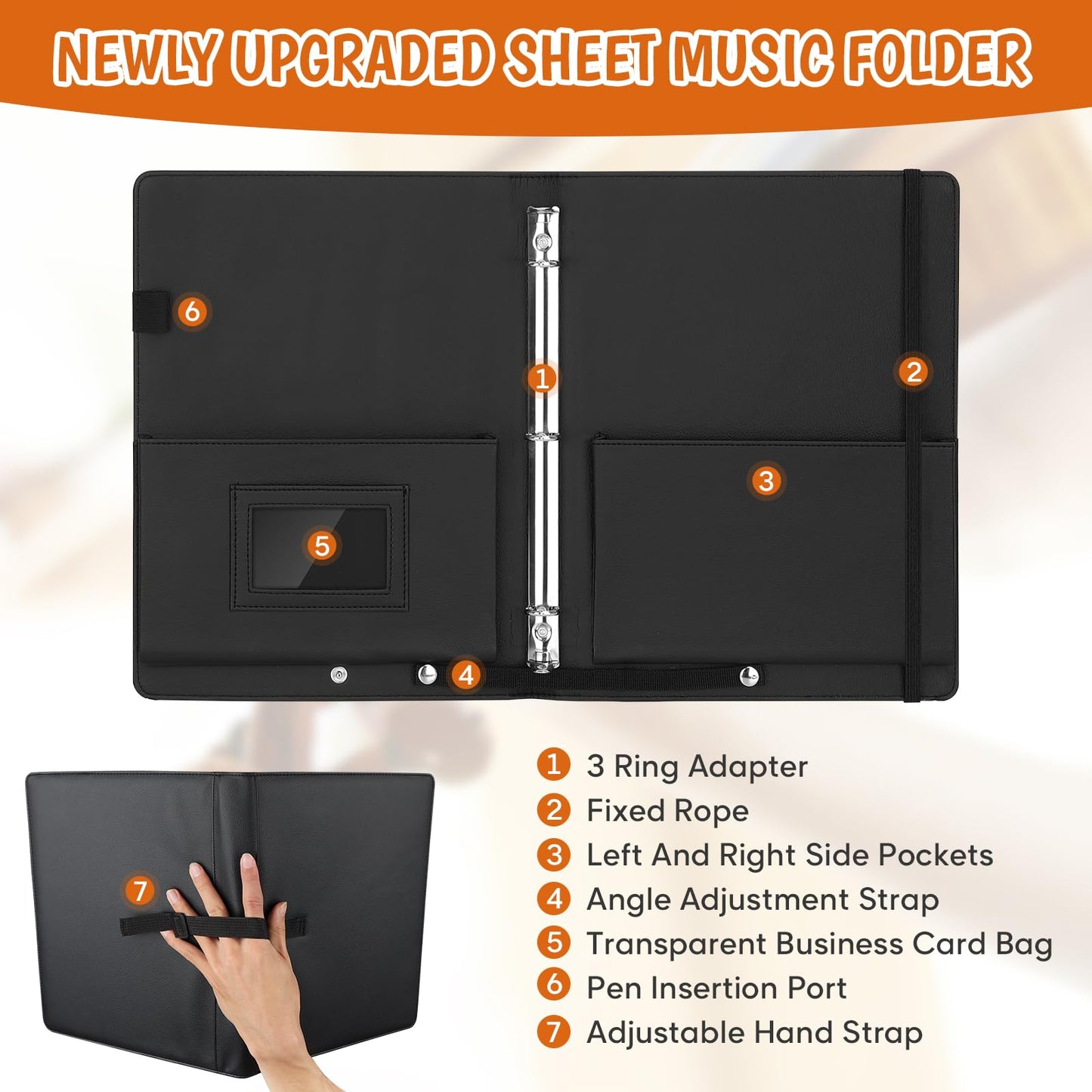 YOTINO Sheet Music Folder, 3 Ring Choral Muisc Folder,13"x10.2" PU Leather Music Binder Black with Elastic Band and Handle Fits Letter Size 8.5 x 11 inch