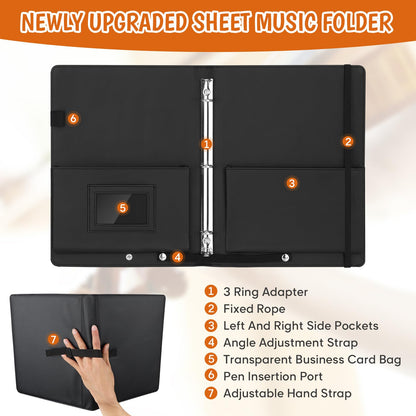YOTINO Sheet Music Folder, 3 Ring Choral Muisc Folder,13"x10.2" PU Leather Music Binder Black with Elastic Band and Handle Fits Letter Size 8.5 x 11 inch