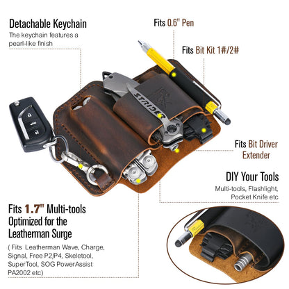 FLYHOMES Genuine Leather Multitool Sheath | Handmade Stitched Belt Organizer for Leatherman Surge | Holds Bit Kit & Extender | Flashlight Holster, Pen & EDC Tools Pouch | Dark Brown