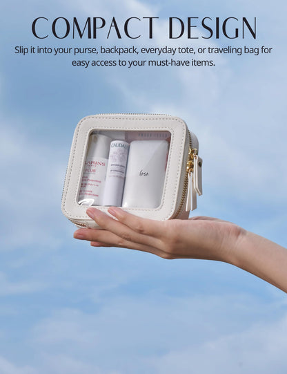 Small Cosmetic Bag for Purse Mini Makeup Bag for School Cute Clear Make Up Pouch for Travel Tiny Leather White Make Up Organizer Case for Backpack Toiletry Bag Waterproof Square Pouch with Zipper