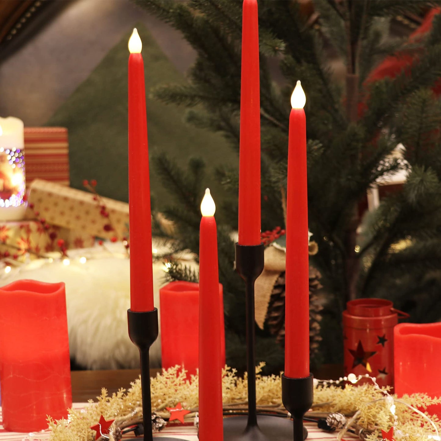 Rhytsing Red 10.8" Flameless Taper Candles with Timer, Battery Operated Candles with Remote, Smooth Wax Finish, Warm White LED, 8 Batteries Included - Set of 4