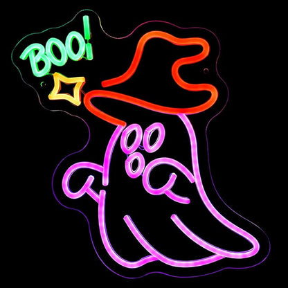 Halloween Ghost Neon Sign for Wall Window Decor, BOO Neon Signs for Halloween Party Decorations, USB Powered Little Ghost LED Lamp for Bedroom Club Bar
