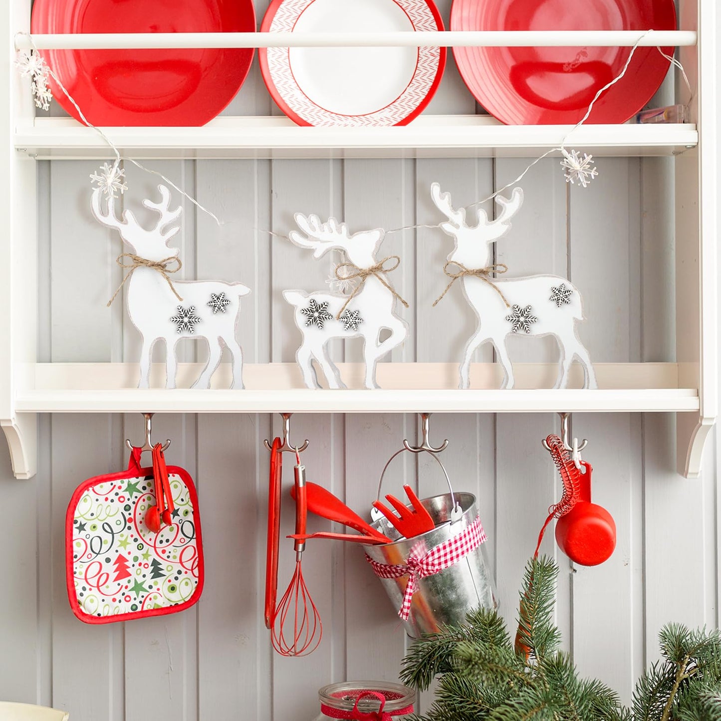 3Pcs Cute Christmas Tiered Tray Decor Indoor, Wooden Farmhouse Reindeer Christmas Tabletop Decorations Xmas Centerpiece, Rustic Reindeer Sign Standing Elk Decor for Home Shelf (White)
