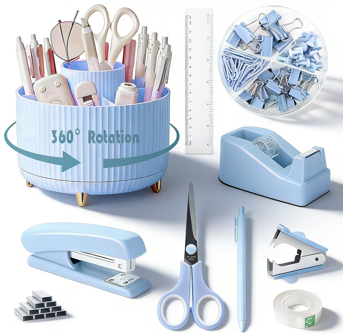 Gawsey Blue Desk Organizers and Accessories Set with 360-Degree Rotating Pen Holder, Tape Dispenser, Stapler, Staple Remover, 1000 Staples, Tape, Clips Set, Ruler, Scissor, Pen