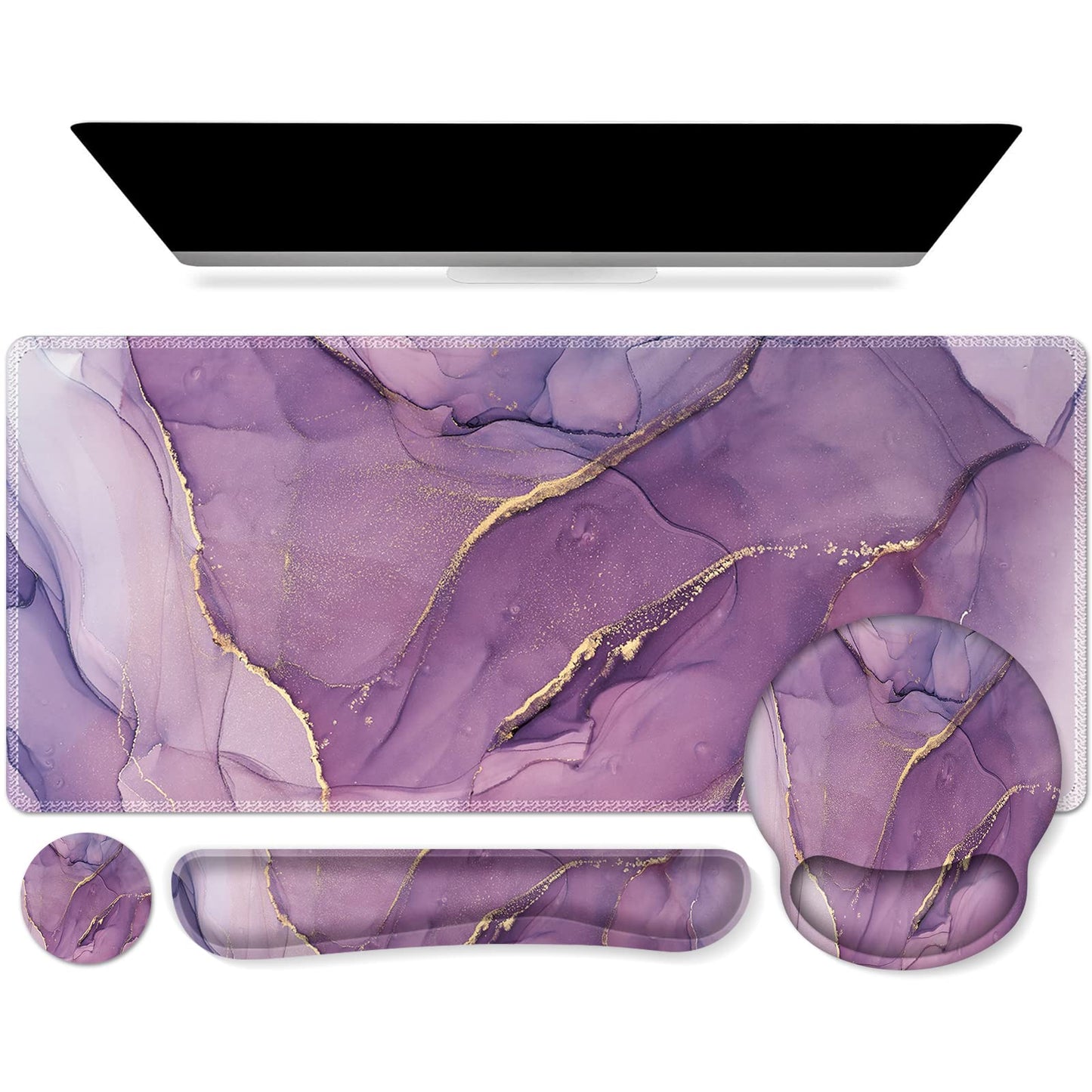iCasso Purple Ergonomic Gaming Mouse Pad with Wrist Support, 4in1 XXL Large Desk Mat - Keyboard Wrist Rest + Mouse Wrist Rest + Coaster, Marble Style Desk Pad Mousepad