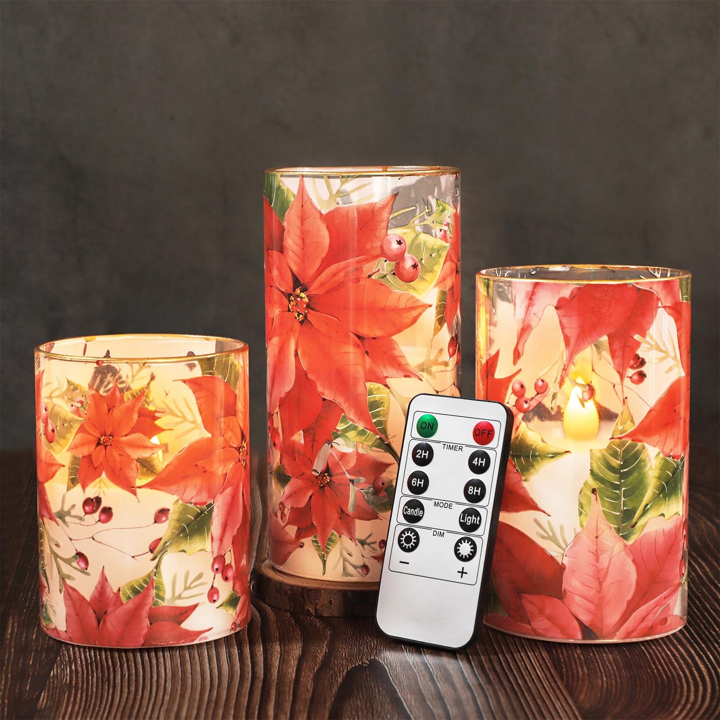 Crystal Club Red Poinsettia Christmas Flameless Candles with Remote, Battery Operated LED Pillar Candles, Real Wax & Glass 3D Flickering Flame Holiday Decor for Christmas, Mantel, Gift (Set of 3)