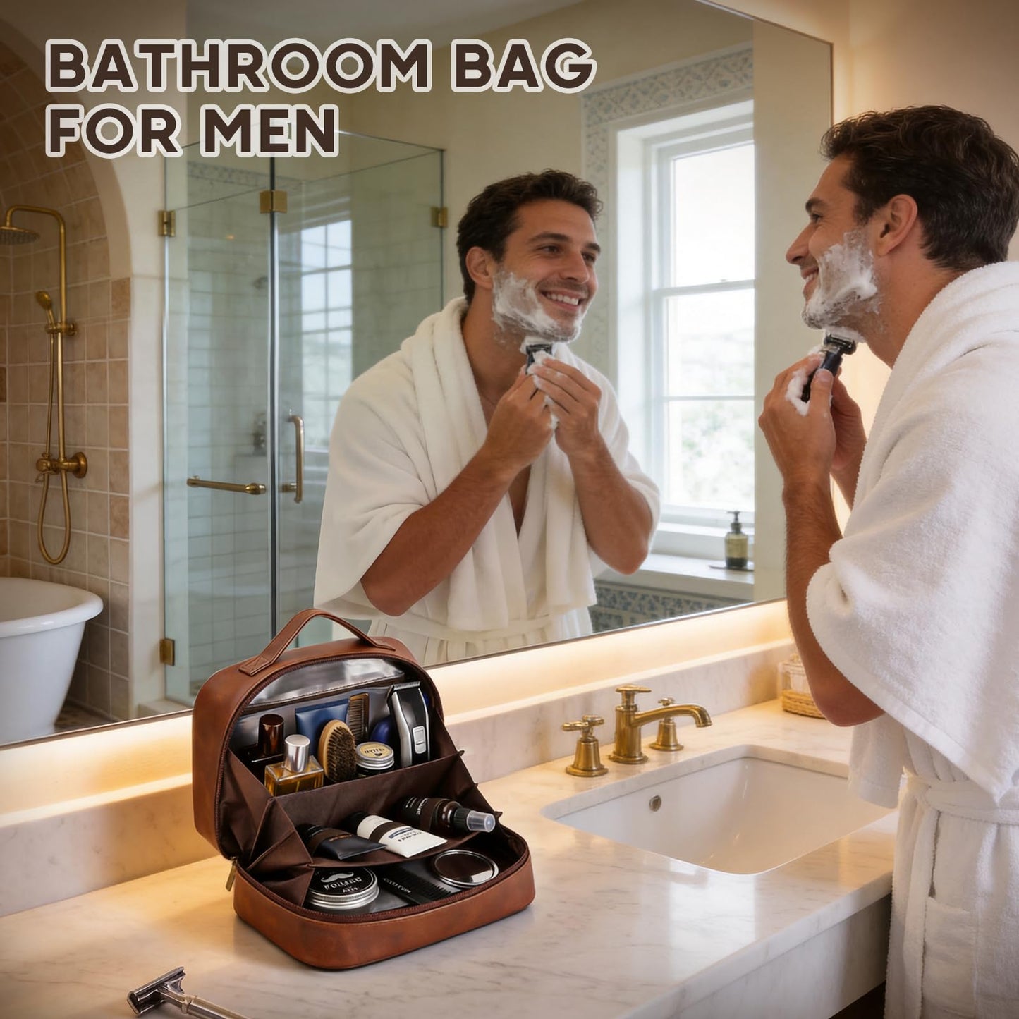 MaqSacion Mens Toiletry Travel Bag,PU Leather Toiletry Bag for Men,Water-Resistant Travel Bag for Toiletries,Brown Shaving Bag for Men, Mens Birthday Gift Ideas for Fathers Day Men Him Husband Dad