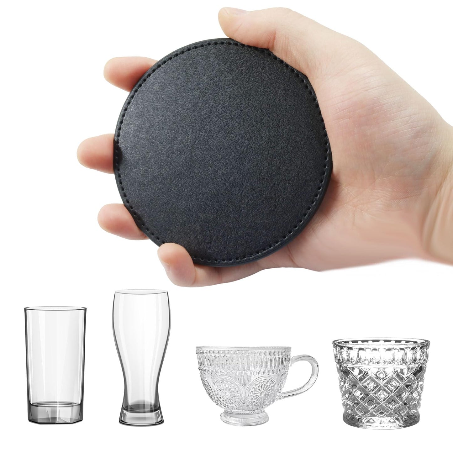 Rierdge Leather Coasters for Drinks Set of 6 with Holder, 4" Handmade PU Drink Coasters for Table Protection (Black)
