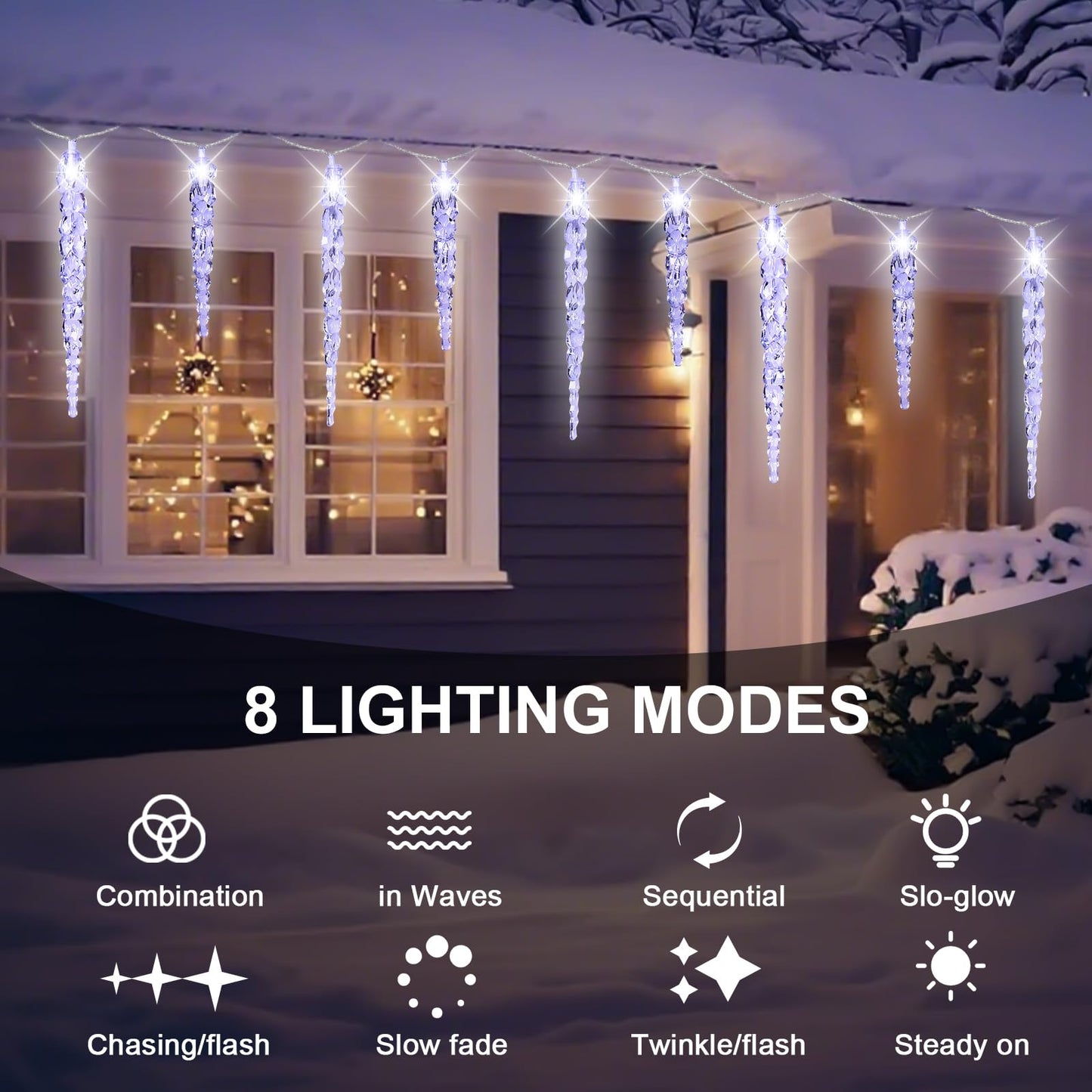 Christmas Icicle Lights Outdoor, 16.4FT Crystal String Light with 40 Ice Shaped Tubes with 8 Modes, Connectable Waterproof Hanging LED Christmas Lights Plug in for Eave Home Holiday Party Xmas Decor