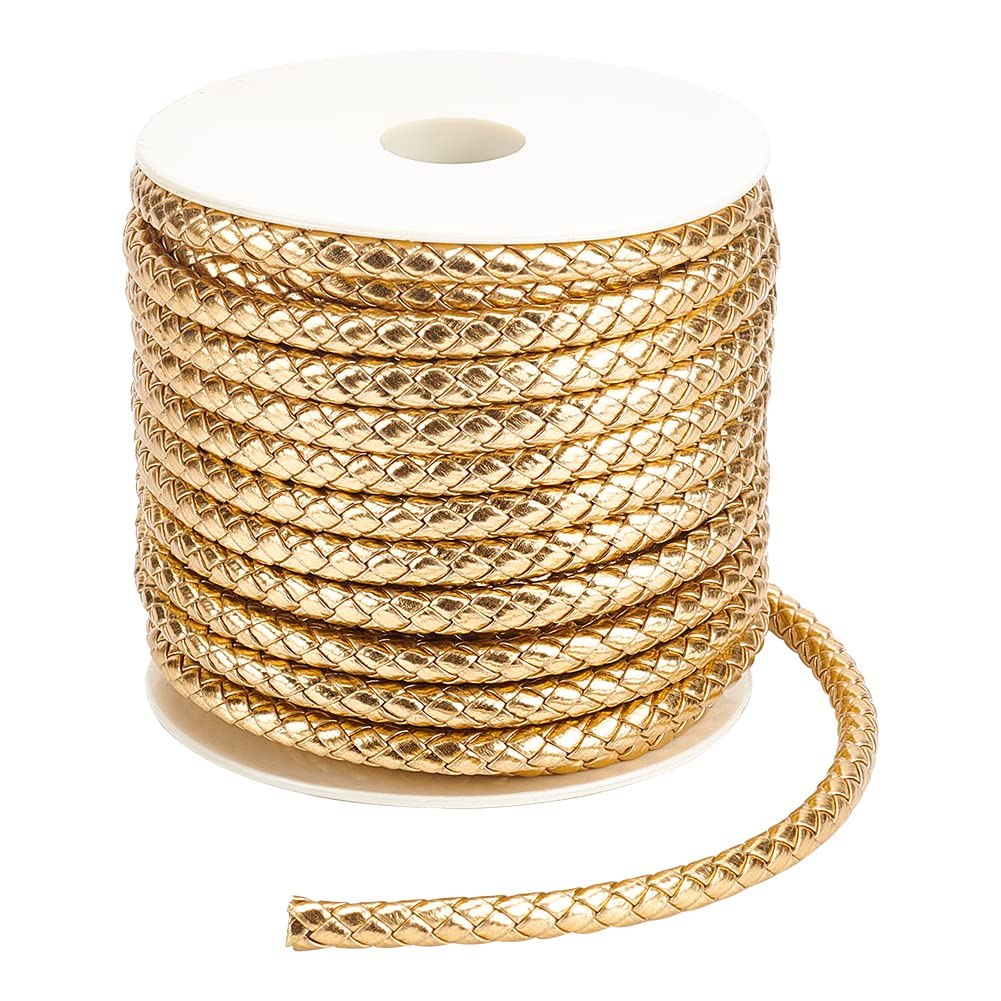 BENECREAT 16Yards Gold Round Braided Leather Cord, 7mm Wide PU Imitation Leather Beading Cord Rope for Jewelry Making, Necklaces, Bracelets, Wraps, Crafts