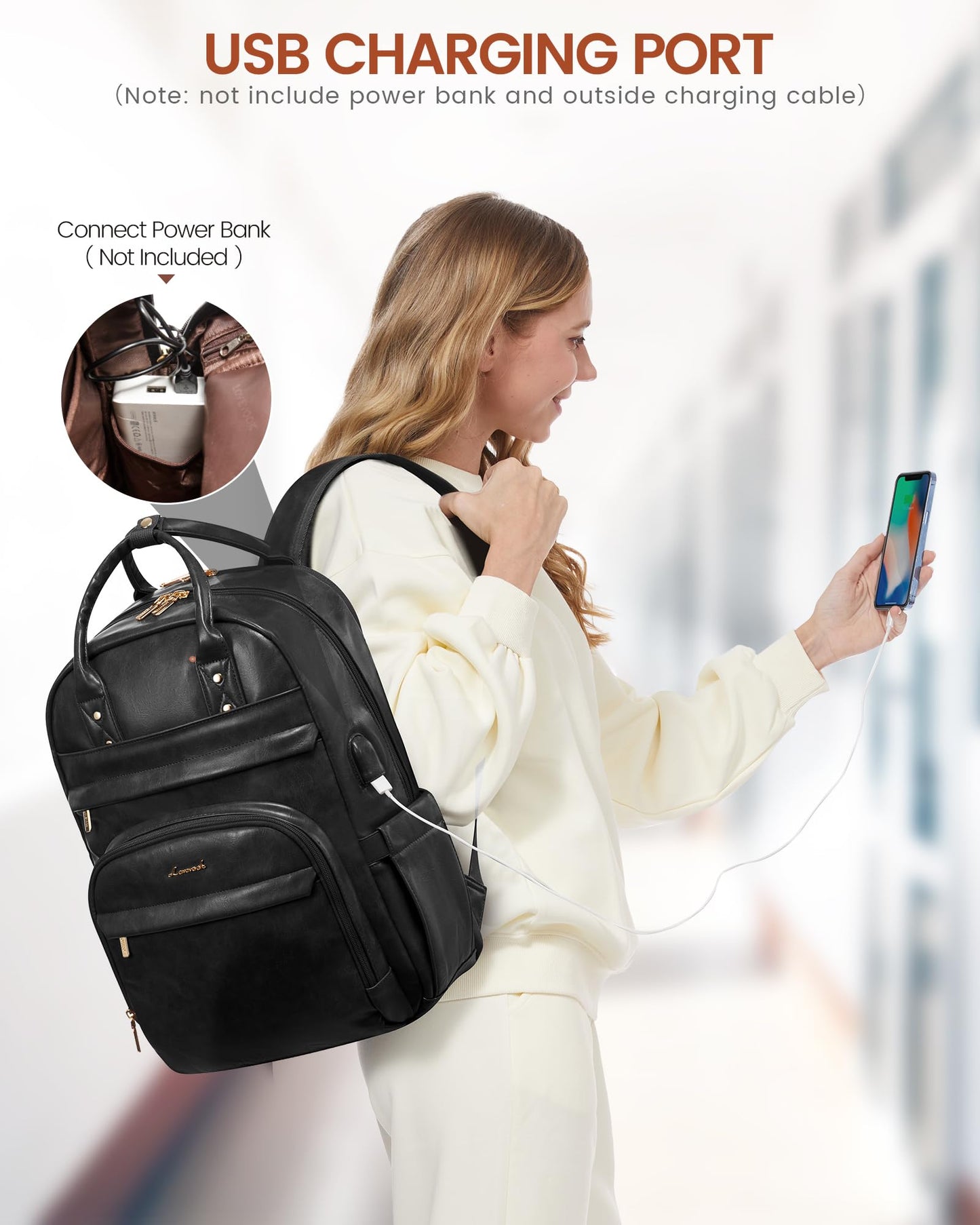 LOVEVOOK Vintage PU Leather 15.6 inch Women's Laptop Backpack, Black, 25L, Water Resistant, USB Charging Port