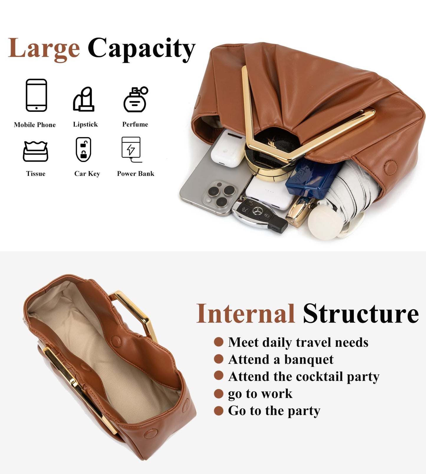 myfriday Women's Elegant Ruched Clutch Purse, Soft Dumpling Evening Purse Handbags for Wedding Prom Party Formal Events (Brown)