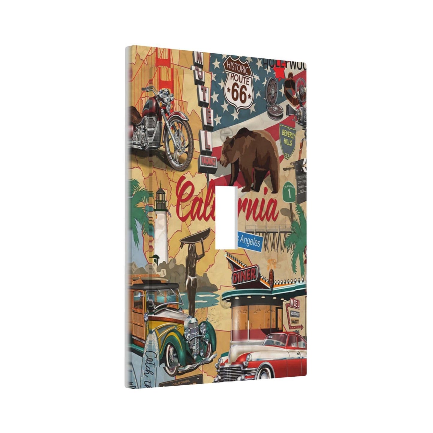Historic Route 66 Old Fashioned Bear Cars Truck Diner Motorcycle Map Road Trip Journey American USA 1 Gang Single Toggle Light Switch Wall Plate Mid Size Outlet Cover Electrical Faceplate Switchplate
