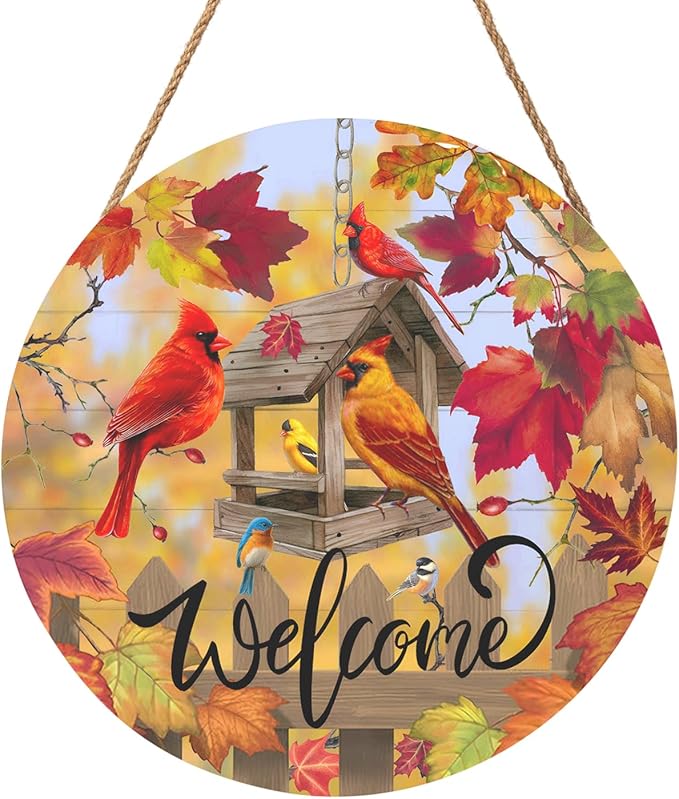 Harooni Fall Cardinal Sign for Front Door Decor, Autumn Maple Leaves Wood Door Hanger for Outdoor Outside Porch, Thanksgiving Farmhouse Wooden Wreath Indoor Wall Hanging Decoration 12"x12"