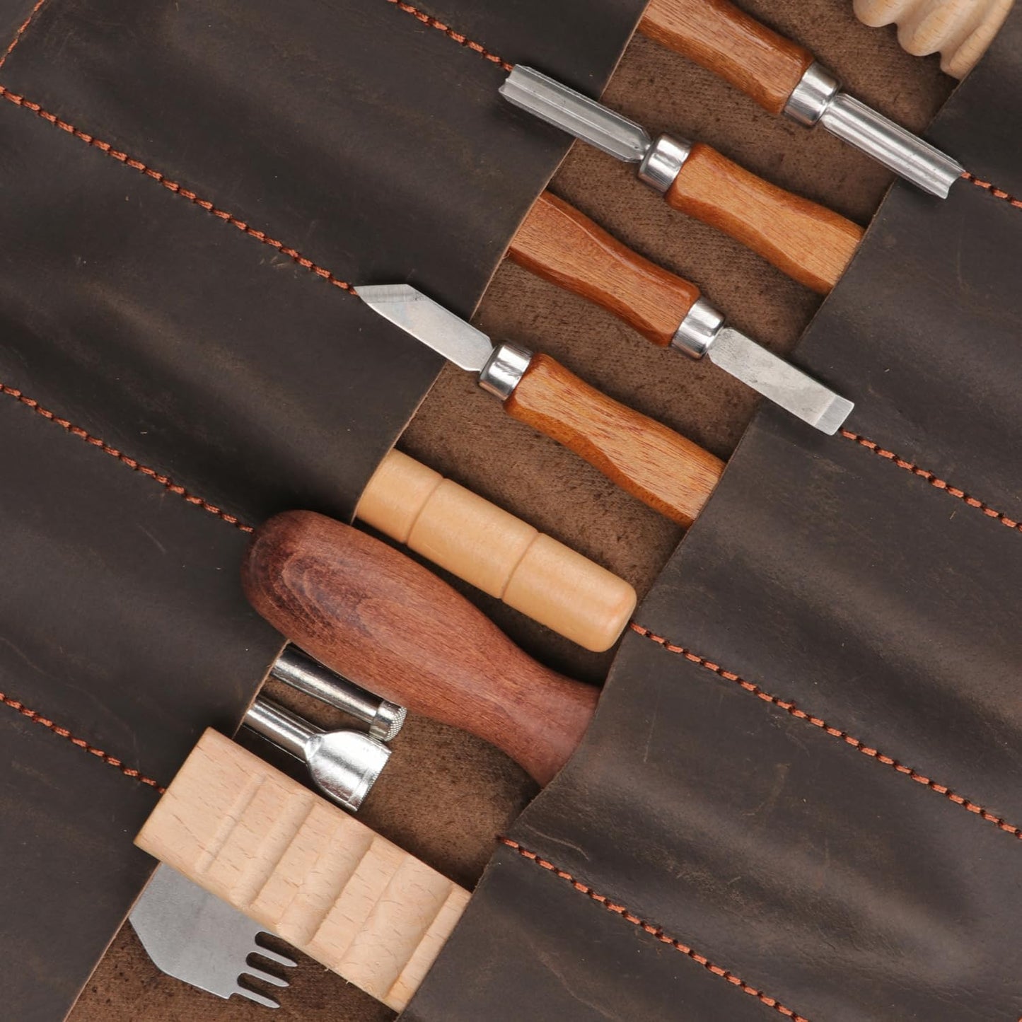 Tourbon Full Leather Knife Roll Carving Tool Organizer Craft Carrier Storage Bag Case with 10 Slots