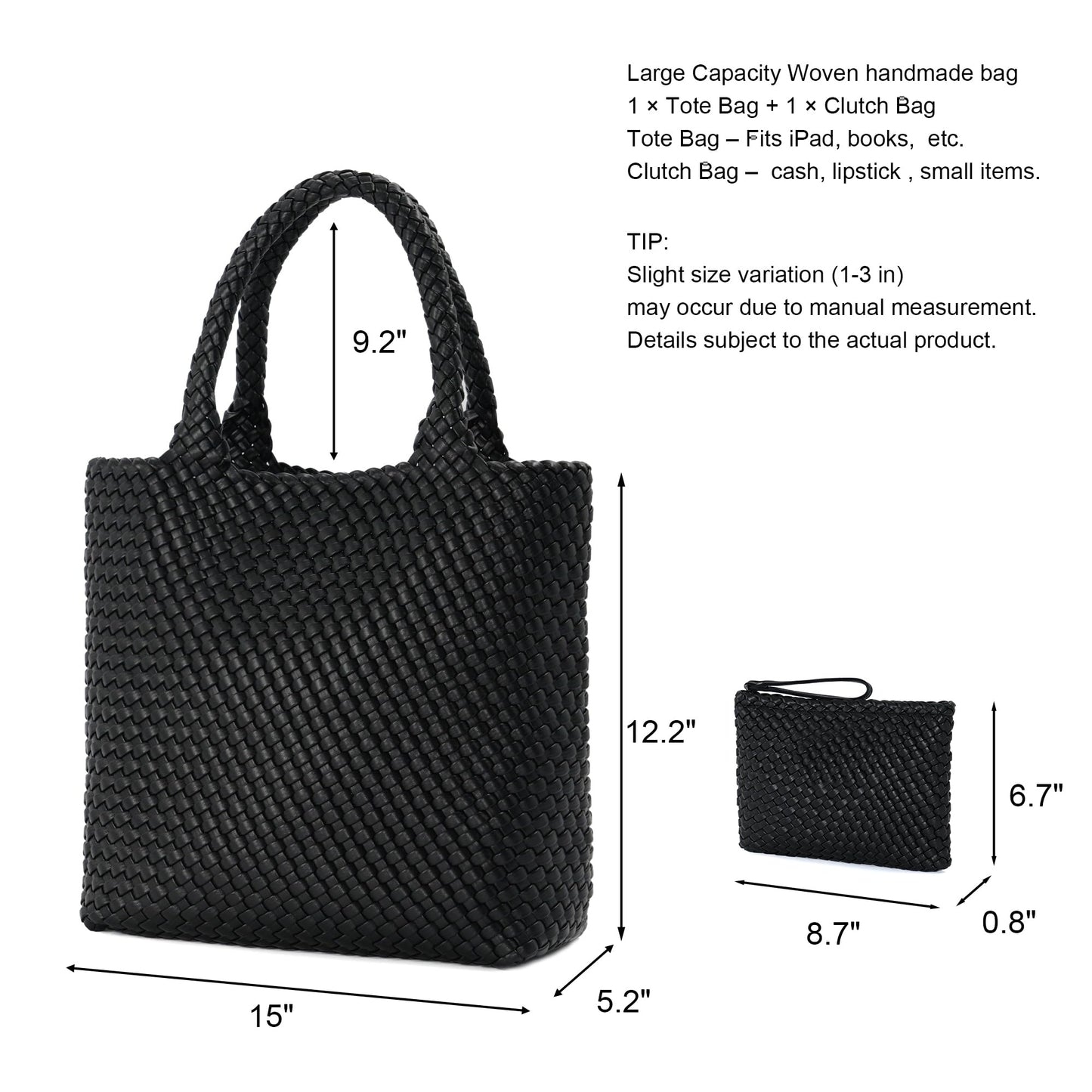 BAGOK Woven Tote Bag for Women, Handwoven Vegan Leather Shoulder Bag with Zipper Clutch, Large Tote Purse for Work, Travel, Beach & Weekend Getaway