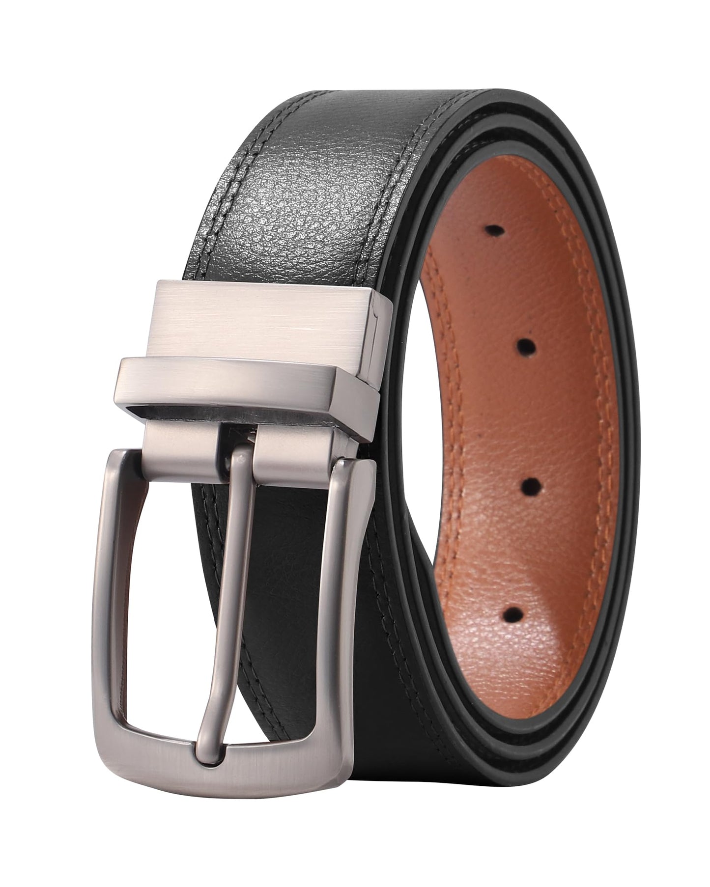AWAYTR Men Reversible Leather Belt - 1.33'' Wide Genuine Leather Dress Belt for Casual and Business Wear, Grey Buckle, Black/Brown,Fit Waist 36''-38''