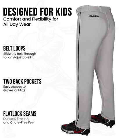 Exxact Sports Home Run Boys Baseball Pants with Piping - Full-Length, Semi-Relaxed Fit, Open-Bottom Youth Baseball Pants - (YM, Grey/Black Piping)