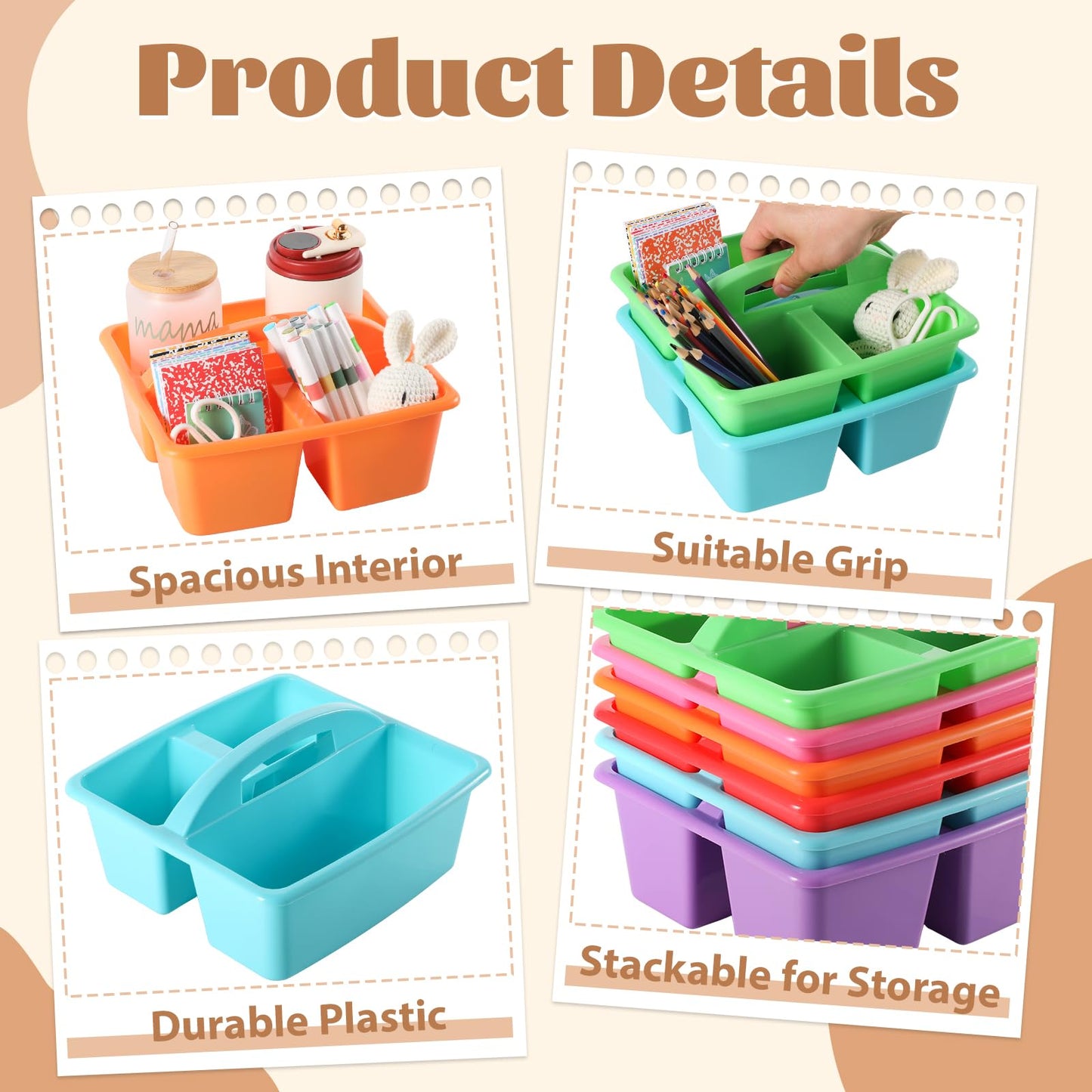 6 Pack 3 Compartment Small Caddy Plastic Classroom Organizer with Handle Portable Teacher Supply Storage Caddy Craft Art Caddies for Pencil, Crayon, Marker, Home, Office, School Supplies(Classic)