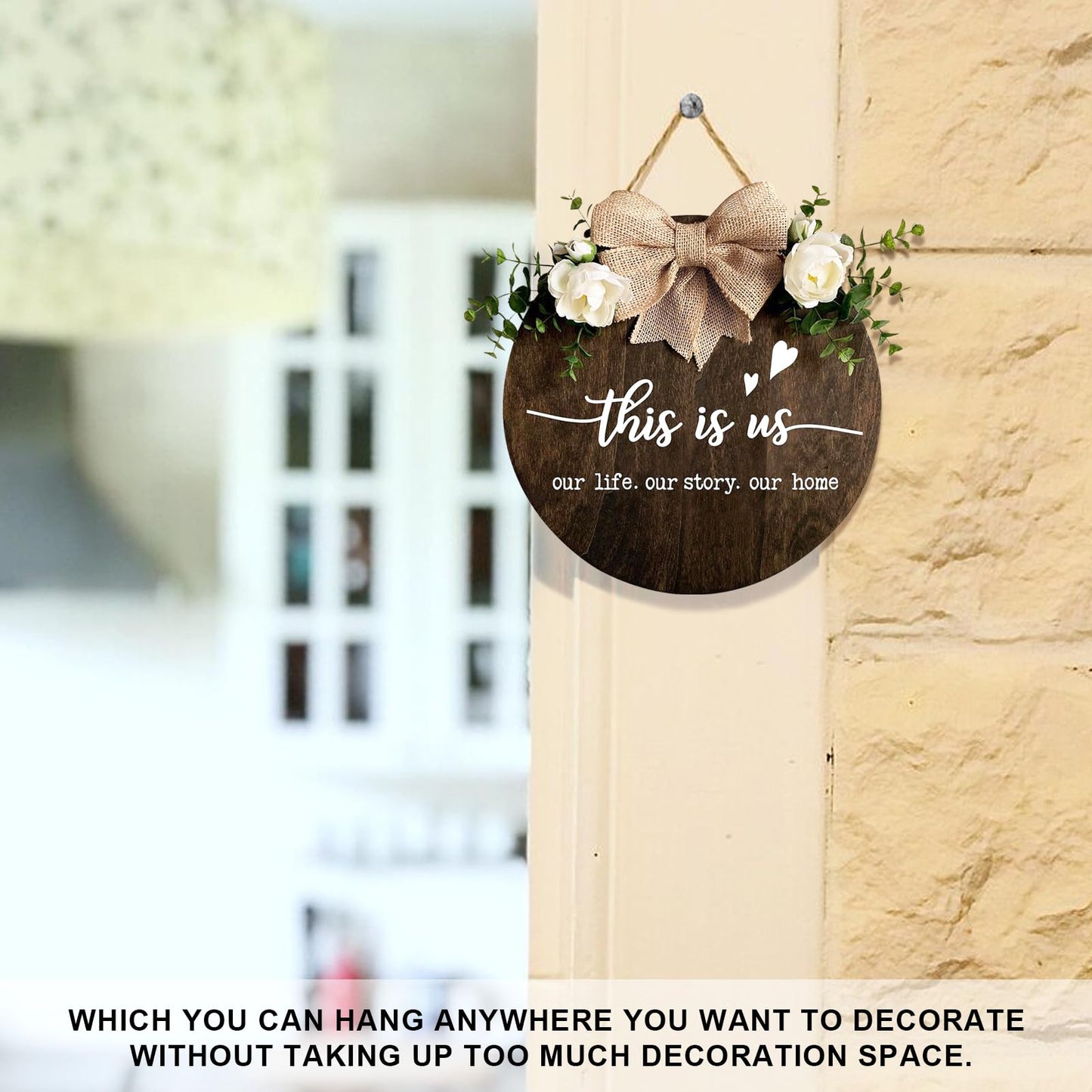 This is Us" Welcome Sign, Farmhouse Round Wood Hanging Door Decor with Ribbon Bow and Artificial Greenery, Rustic Front Porch Wreath for Thanksgiving, Christmas, Brown Home Entry Decor
