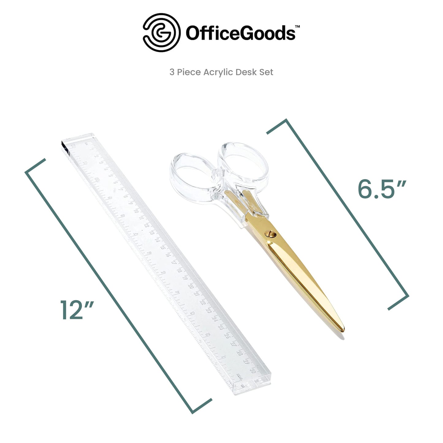 OfficeGoods 3 Piece Acrylic Desk Set - Includes Ruler, Staple Remover, Scissors - Functional & Elegant Desk Accessories - Stationary Tools for Home, Office, and School - Gold