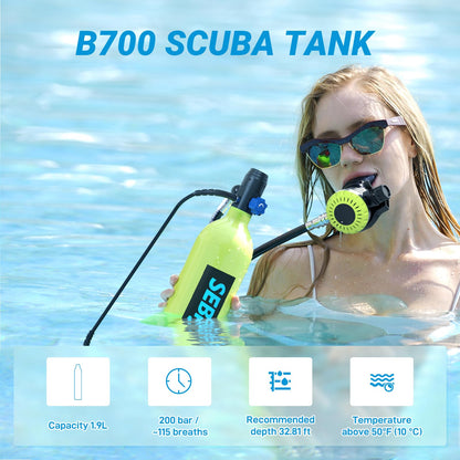 SEBiger Mini Scuba Tank 1.9L Support Underwater Breathing Reusable Diving Tank Kit with DOT Certified Pony Bottle for Underwater Exploration/Entertainment