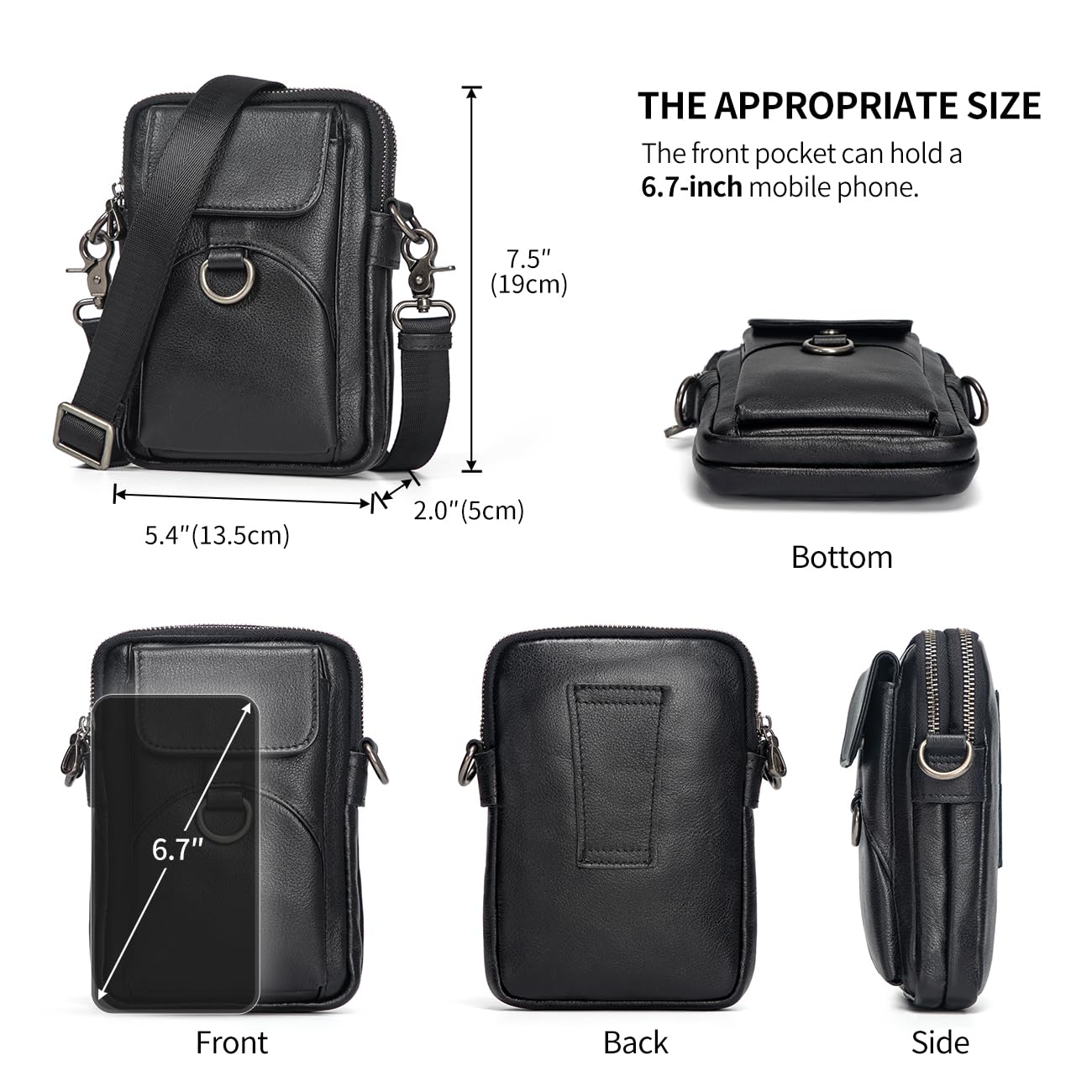 Augus Genuine Leather Small Crossbody Bag Cell Phone Messenger Purse Shoulder Handbag for Daily Use for Women and Men (Black-1)