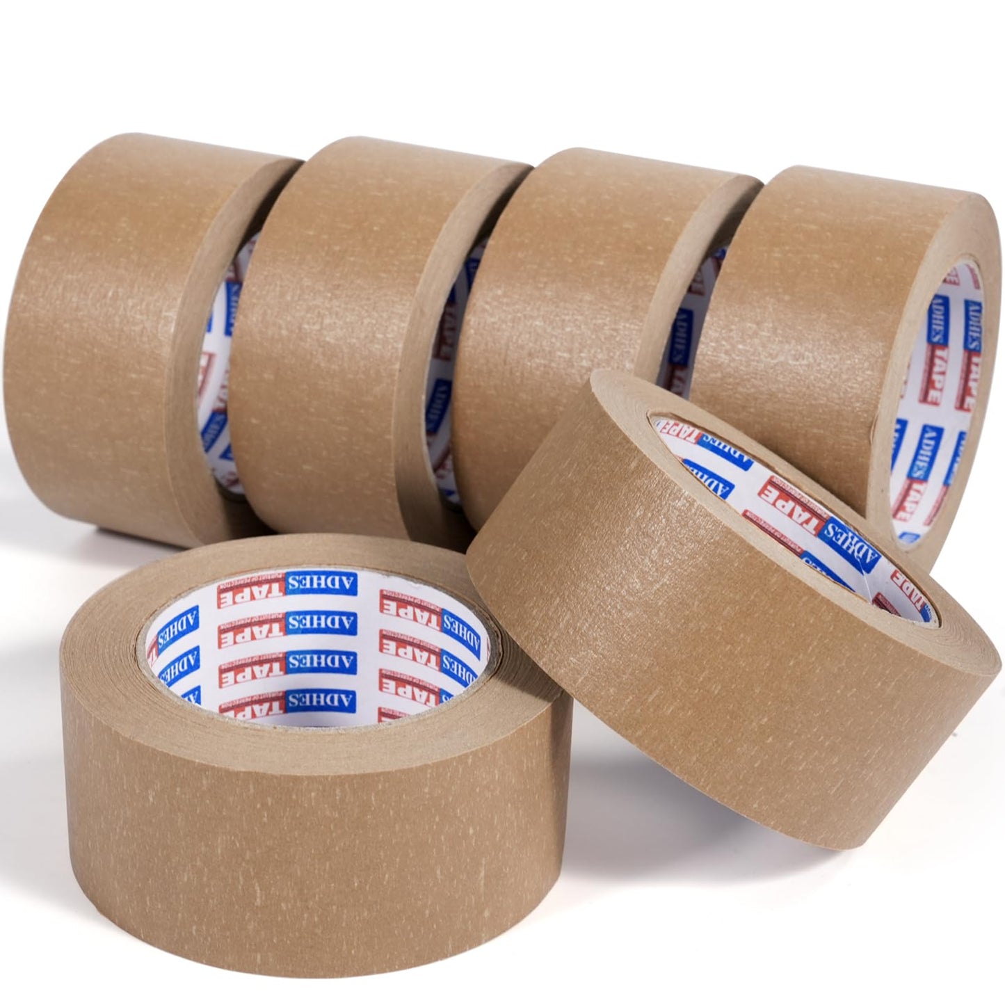 ADHES Biodegradable Kraft Paper Tape, 2 inch x 55 Yards, 6 Rolls Eco Friendly & Writable & Uncoated Paper Packing Tape Brown Packing Tape for Masking, Sealing, and Packaging Use