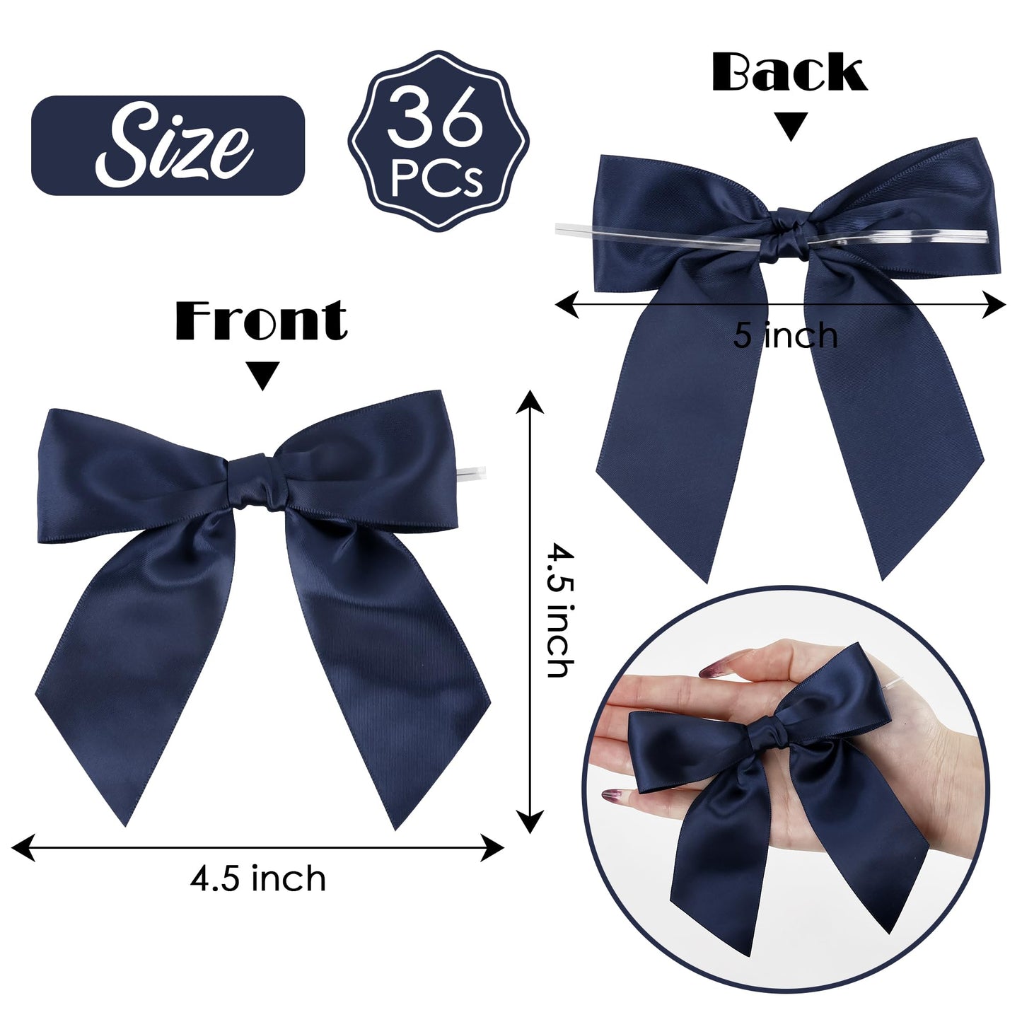 AIMUDI Navy Satin Ribbon Twist Tie Bows for Treat Bags 4.5" Pre-Tied Navy Blue Bows for Christmas Tree Blue Ribbon Bows for Crafts Premade Bows for Gift Wrapping Baby Shower Party Favors - 36 PCs