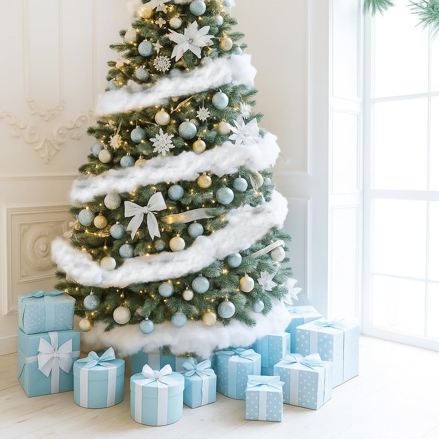 Tigeen 4 Pcs 100 ft Christmas Fake Snow Garland White Christmas Tree Decoration Cotton Artificial Snow Fluff Garland Winter Decor for Xmas Decoration Winter Village Party Indoor Home Decor
