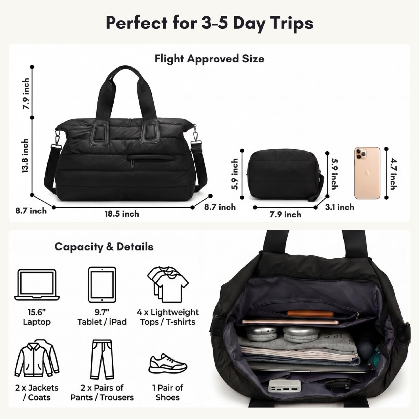 Puffer Weekender Bag for Women, Quilted Duffle Bag with Pouch, Water-Resistant Gym Bag, Large Tote Travel Bag for Hospital Nurse Diaper Bag, Lightweight Carry on Bag, Black
