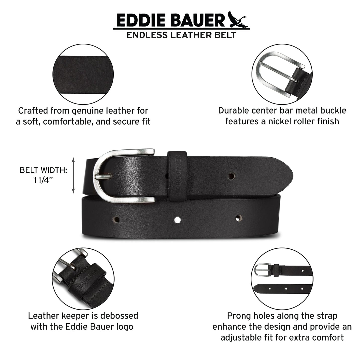 Eddie Bauer Women's Casual Leather Belts with Durable Metal Buckle, Endless Leather - Black, XX-Large