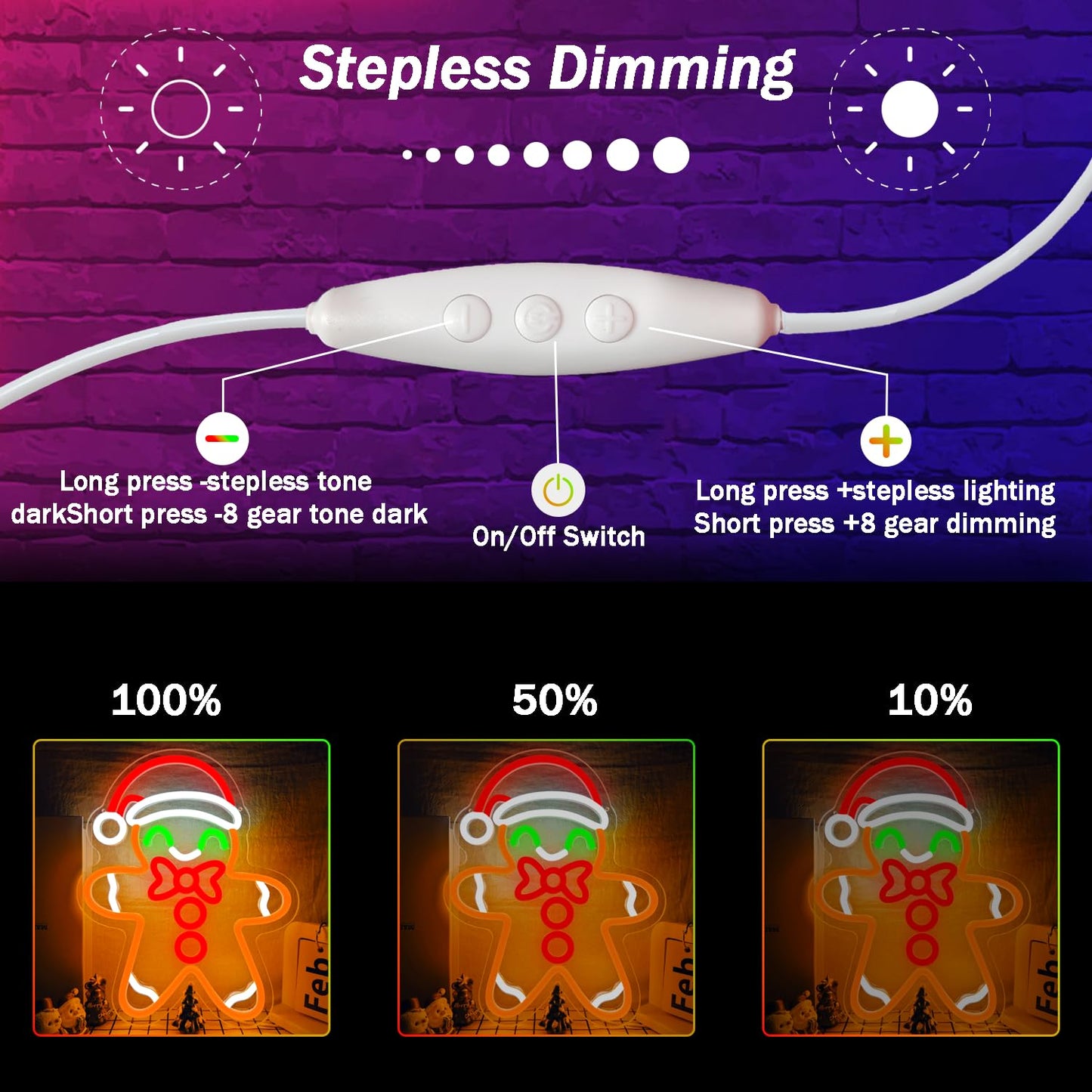 Gingerbread Man Neon Sign - Dimmable Christmas Neon Light for Wall Decor - Merry Christmas Light up Sign for Bedroom, Living Room, Home