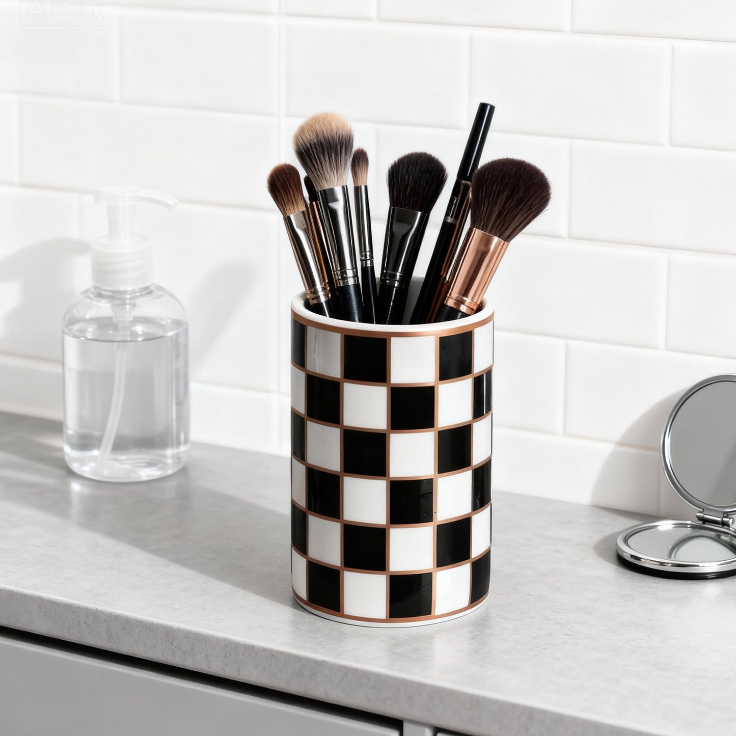 XYQXYQ Ceramic Checkered Pen Holder For Desk,Cute Stand Black And White Pencil Cup,Durable Ceramic Pencil Cup, Decorative Makeup Brush Holder Cup, Stationery Holder for Office, School, Home (Black)
