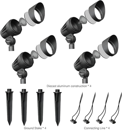 VENUS MANUFACTURING 4 Pack Low Voltage Landscape Flood Light 5Watt LED Outdoor Landscape Lighting Kits 400 Lumen Black Waterproof Spotlights 12V 2700K Warm White Metal Tree Lights for Garden & Yard