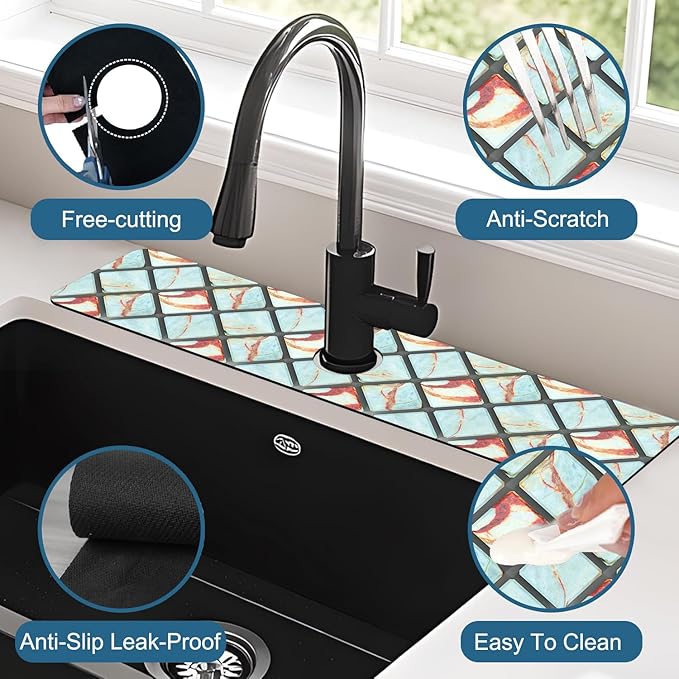Rendering Marble Kitchen Sink Splash Guard Faucet Mat Blue Wall Tiles Super