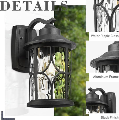zeyu 14.6 Inch Outdoor Porch Light, Farmhouse 1-Light Outdoor Wall Sconce, Die-Cast Aluminum in Black Finish, Clear Water Ripple Glass, ZX48MB-WG BK