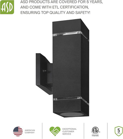 ASD 2 Light Square Outdoor Wall Light Fixture | 120W E26 Bulb Socket 120V ETL Cylinder Up Down Lights | LED/CFL/Incandescent Bulb Exterior Wall Sconce | Front Door, Porch Patio | Ringed Black, 2 Pack