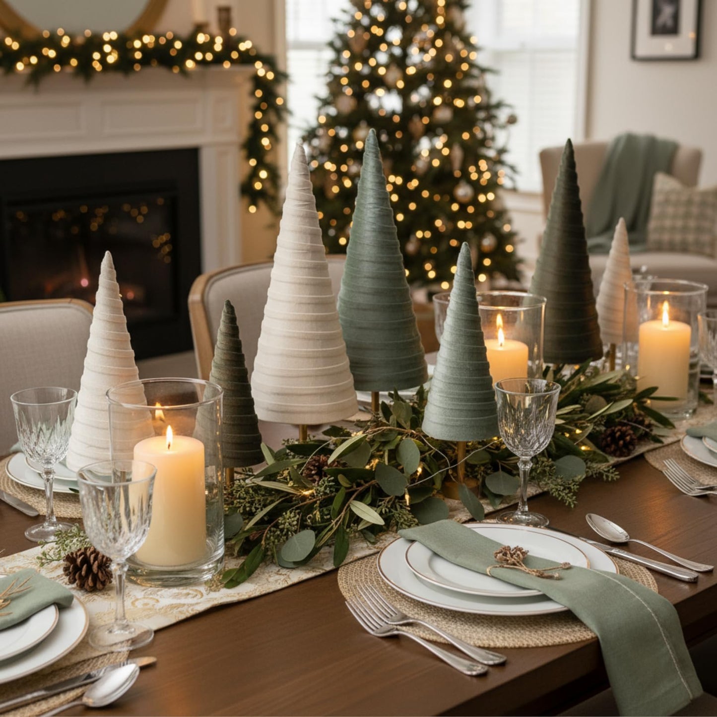 Hoolerry 6 Pcs Christmas Velvet Trees with Gold Pedestal Christmas Velvet Cones Tree Mantel Decor Modern Rustic Winter Home Minimalist for Holiday Entryway Table Wedding Centerpiece(Brown Green)