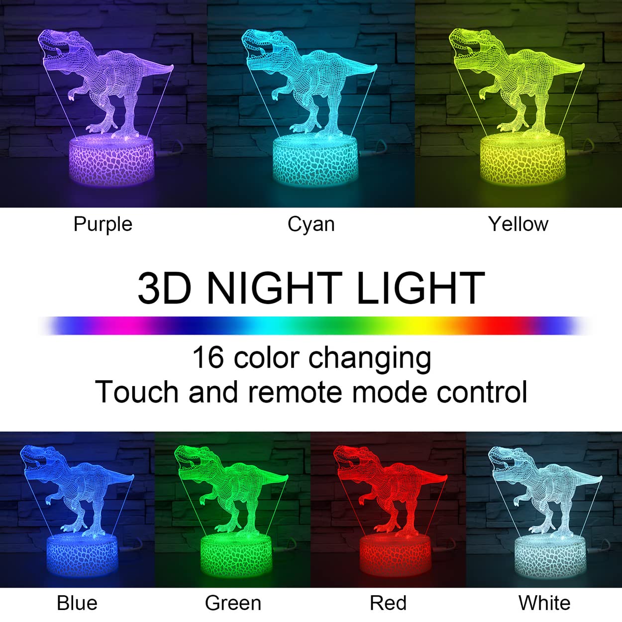 i-CHONY Dinosaur Night Light, 3D Illusion Lamp, 16 Colors