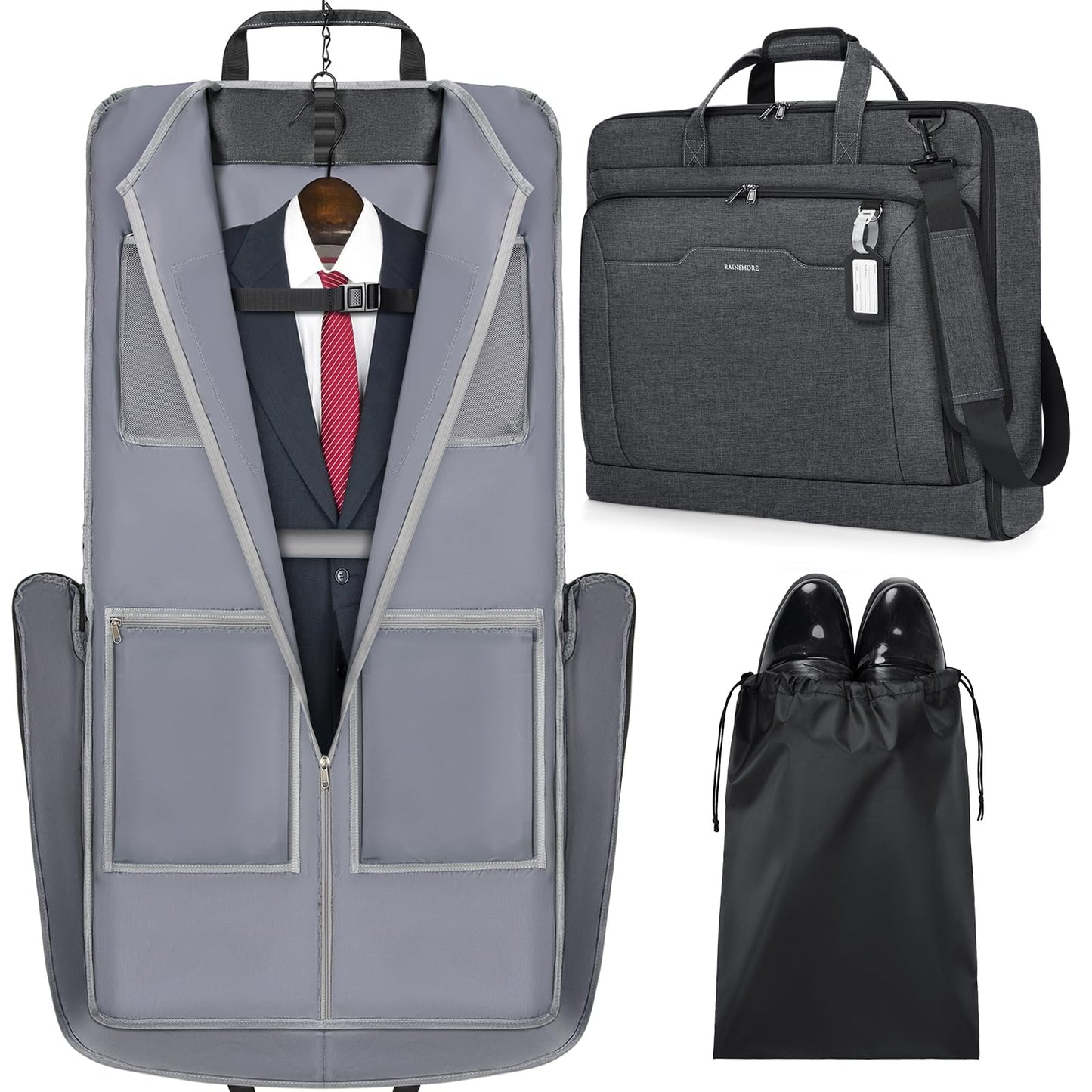 RAINSMORE Garment Bags for Travel Carry On Garment Bag for Hanging Clothes, Suit Bag for Business Trips with Shoes bag & Shoulder Strap, Waterproof Foldable Suit Luggage Bag for Men Women, Gray