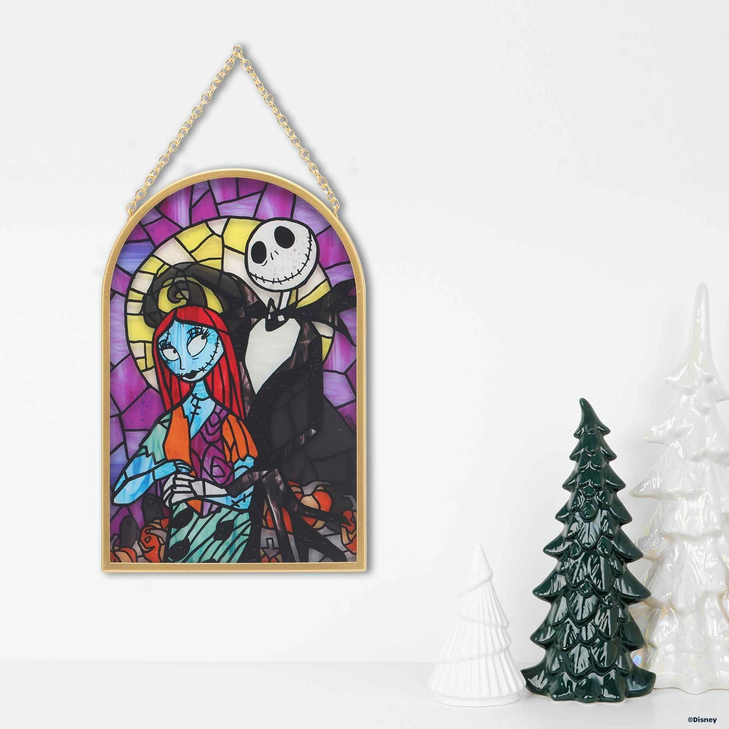 Open Road Brands Disney Nightmare Before Christmas Jack and Sally Hanging Glass Wall Decor - Beautiful Jack Skellington Wall Art for Home