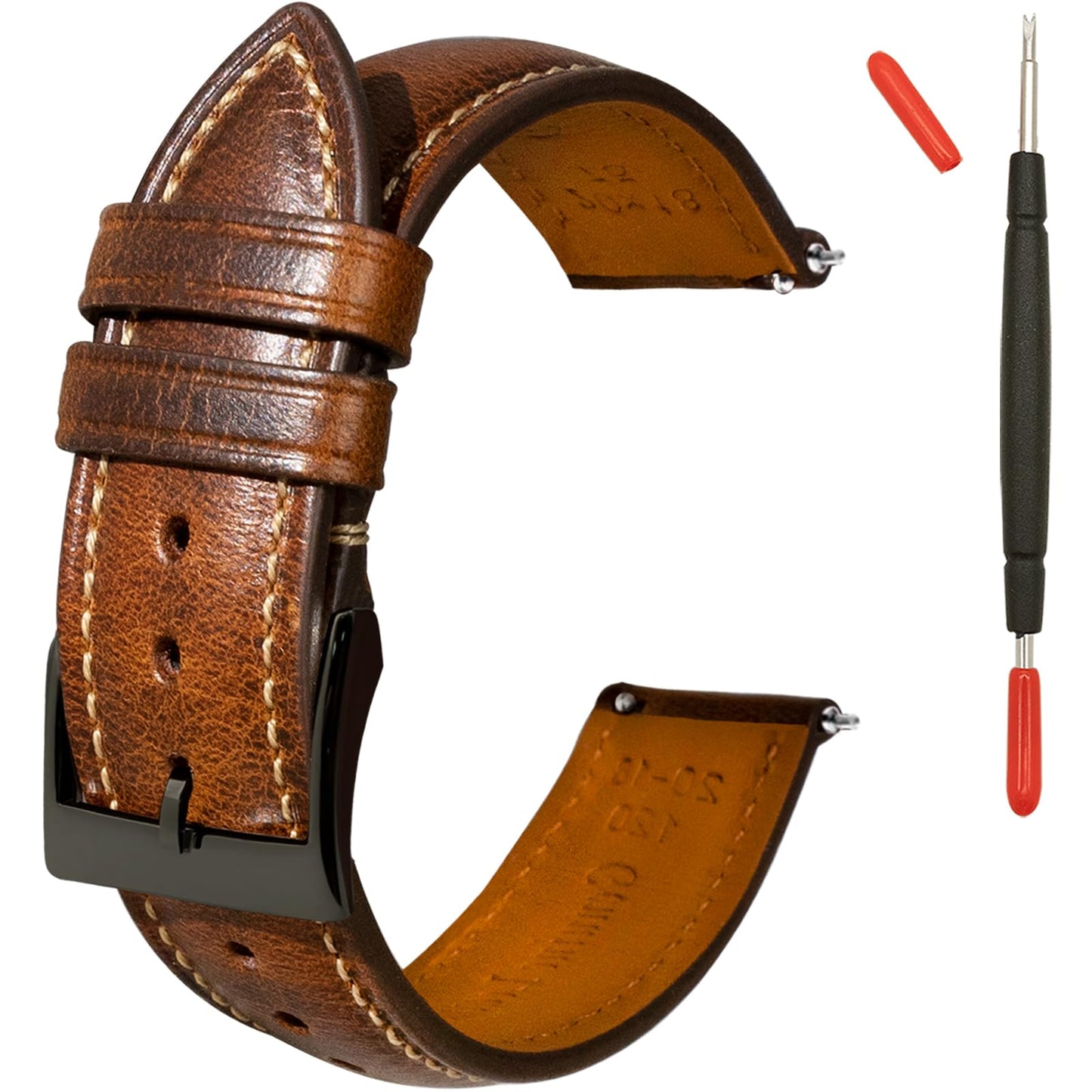 Gomvadr Quick Release Leather Watch Bands 14mm 16mm 18mm 19mm 20mm 21mm 22mm 24mm ,Vintage Oil Wax-Tanned Leather Watch Straps Men's Watch Band Replacement Watch Strap for Men Women,Tan with Contrast Stitch/Blk Buckle, 20mm