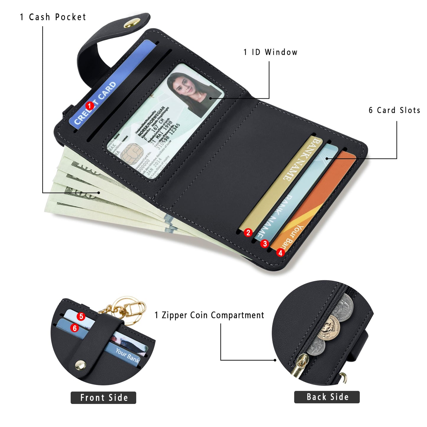 Airkit Small Wallets Woman RFID Blocking Leather Credit Card Holder - with ID Window - Card Wallets for Women - with Zipper Coin Purse - Keychain Wallet