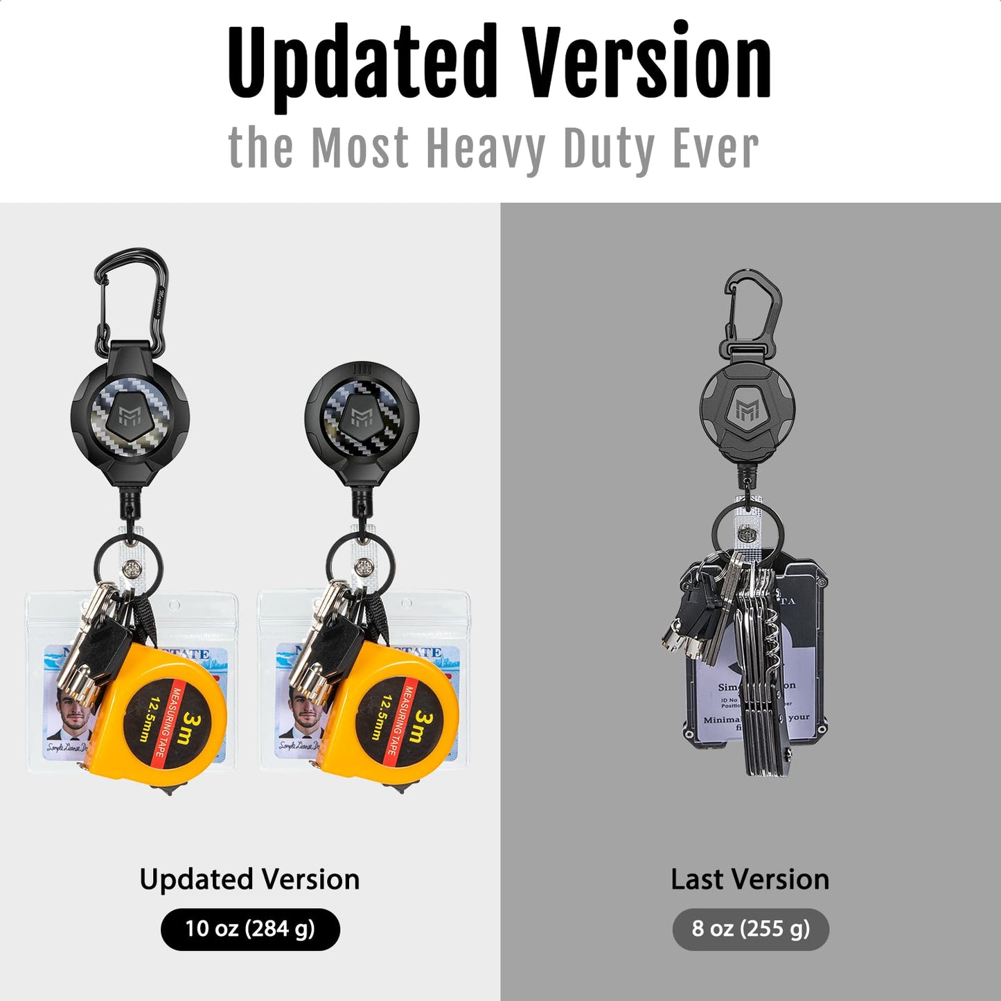 MNGARISTA Upgraded Heavy Duty Retractable Keychain, Belt Clip Ver. & Carabiner Ver., 10 oz Retraction, 31.5" Stainless Steel Cable, 3K Carbon Fiber Tactical ID Badge Reel Key Chain Retractor, 2 Pack