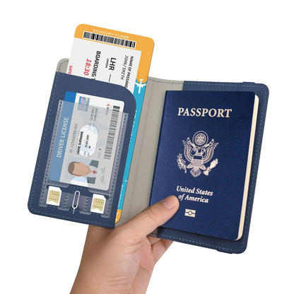 RSAquar Passport Holder for Women and Men, Premium PU Leather Travel Passport Wallet RFID Blocking Passport Cover Travel Documents Organizer (JD-Blue)