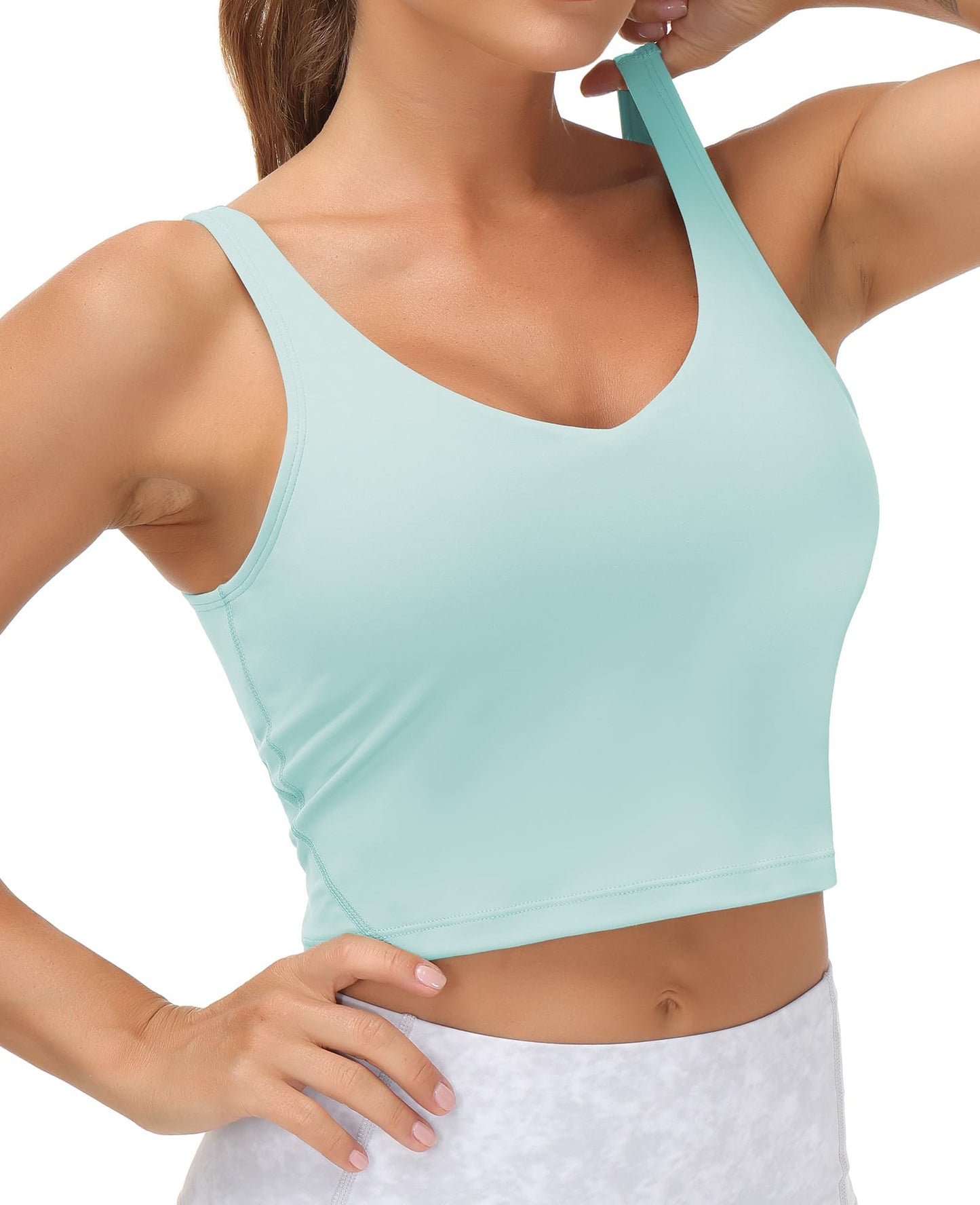 Women’s Longline Sports Bra Wirefree Padded Medium Support Yoga Bras Gym Running Workout Tank Tops (Light Blue, Large)