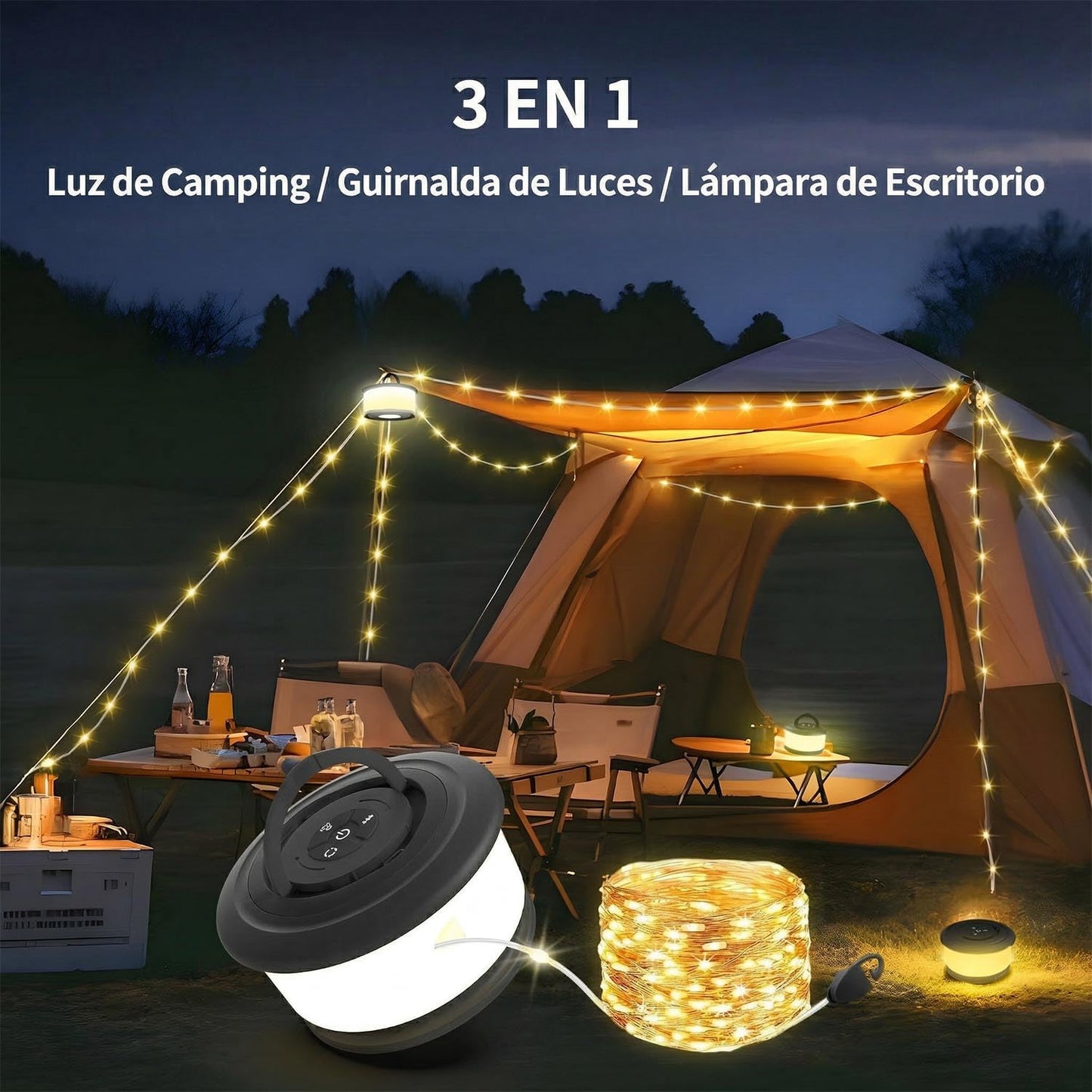 Camping String Lights,2 in 1 Upgraded 32.8FT Rechargeable Tent Lights String with 19 Lighting Modes,Quick Storage camping lights，Portable LED Lamp for Bedroom Yard Decor Christmas Camping(Black)