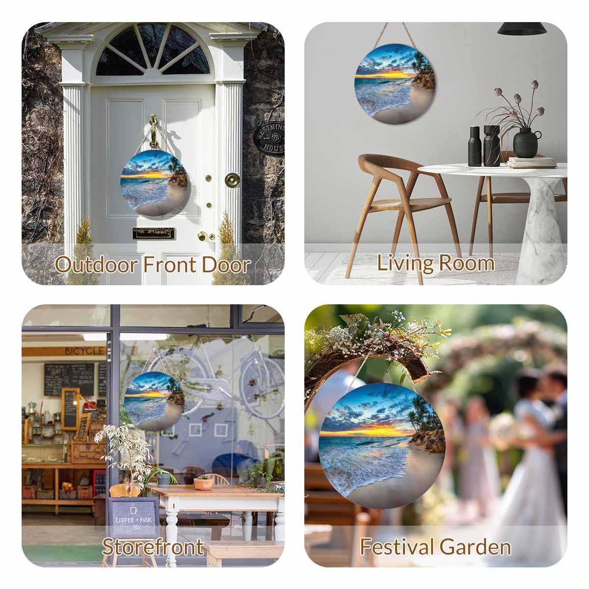 Beabes Welcome Sign Rustic Round Sign Front Door Wreaths Beauty Sunset Beaches for Outdoor Indoor Wall Hanging Decorations 12x12in